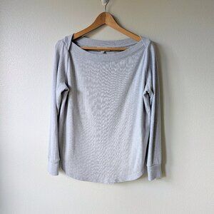 LOFT Pointelle Knit Sweater with Notched Boat Collar in Gray Size L
